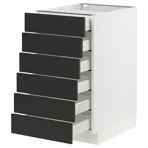 SEKTION kitchen cabinet in white with six black drawers.