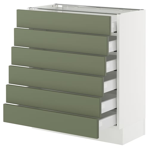 Grey-green kitchen unit with six drawers, modern design.