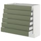 Modern olive-green, 6-drawer kitchen unit with sleek handles and white frame.