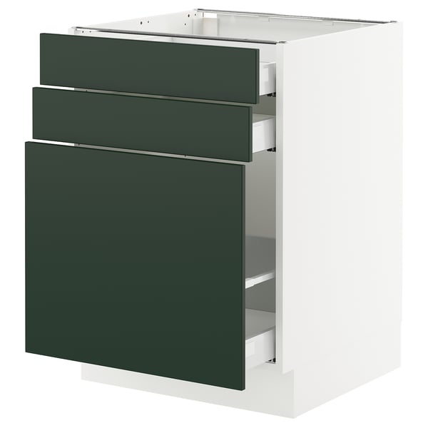 Modern white cabinet with green drawers, 3 top drawers and 1 large door, stylish for contemporary kitchen.