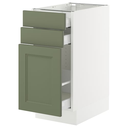 SEKTION: modern kitchen cabinet in grey-green with two drawers and one door, crafted from plastic and fiberboard.