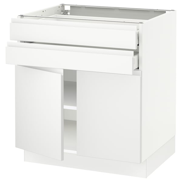 This image shows a white ikea SEKTION kitchen cabinet with a modern design, featuring a pull-out drawer and an adjustable shelf.