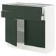 This image shows an ikea SEKTION kitchen cabinet in white with dark green havstorp fronts, featuring a smooth drawer and an open shelf.