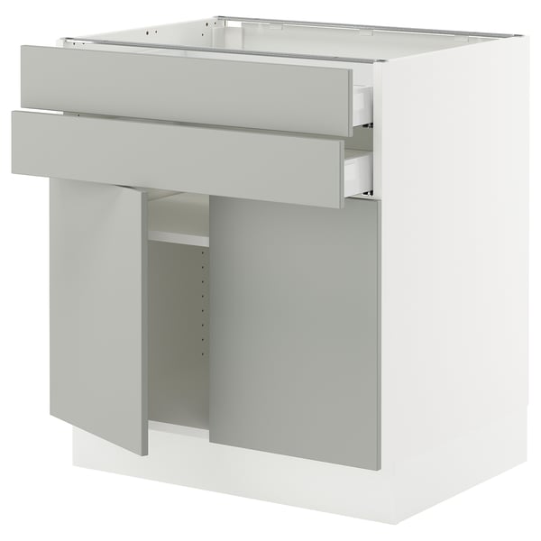 Ikea SEKTION kitchen cabinet, light grey, metal and particleboard, rectangular, modern, clean design, two open drawers.
