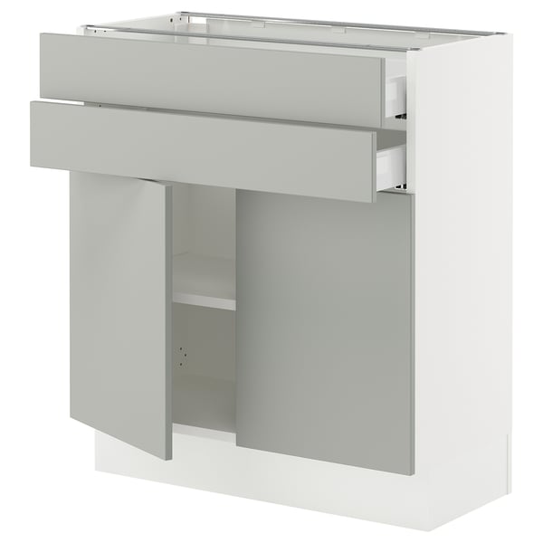 A modern light grey SEKTION kitchen cabinet unit with adjustable shelves. It has a sleek, clean design.