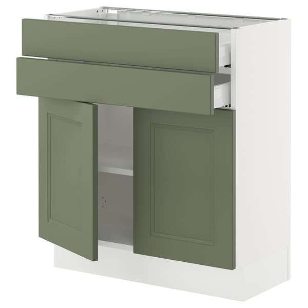 An ikea SEKTION kitchen cabinet with grey-green axstad doors and adjustable shelves.