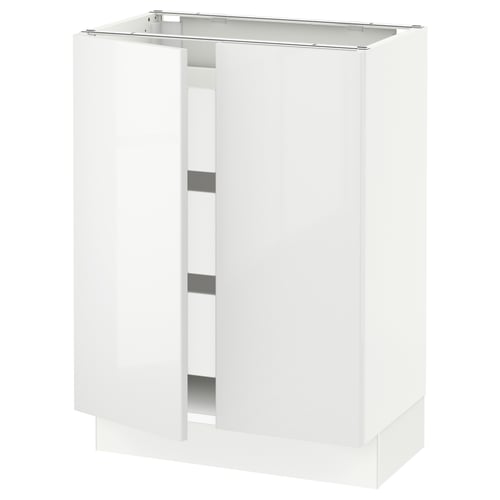 White SEKTION kitchen cabinet with one open door, modern high-gloss design.