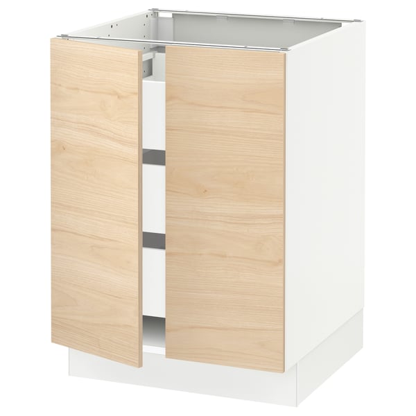 Modern white kitchen cabinet with light wooden doors, featuring two open sections and a sleek design.