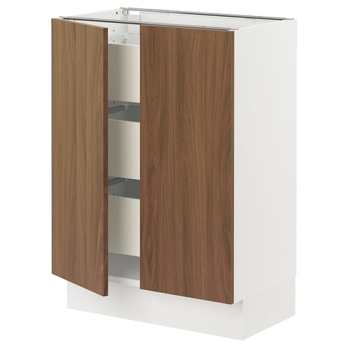 White ikea SEKTION kitchen cabinet with walnut doors, adjustable shelves.