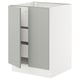 SEKTION grey kitchen cabinet with two doors and metal shelves.