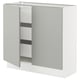 A modern, light grey SEKTION kitchen cabinet with a sleek, minimalist design and two open drawers.