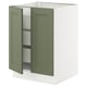 Ikea SEKTION kitchen cabinet in grey-green with two open doors revealing shelves, modern and traditional design.