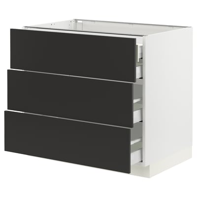 Black SEKTION kitchen drawers, modern, modular, minimalist design, three drawers, sleek handles.