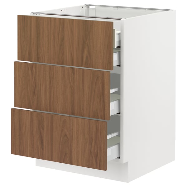 Modern kitchen cabinet in white and walnut, featuring three drawers with sleek handles.