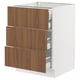 Modern kitchen cabinet in white and walnut, featuring three drawers with sleek handles.