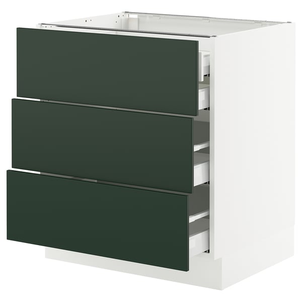 SEKTION kitchen cabinet in green with three drawers, white frame, modern design.