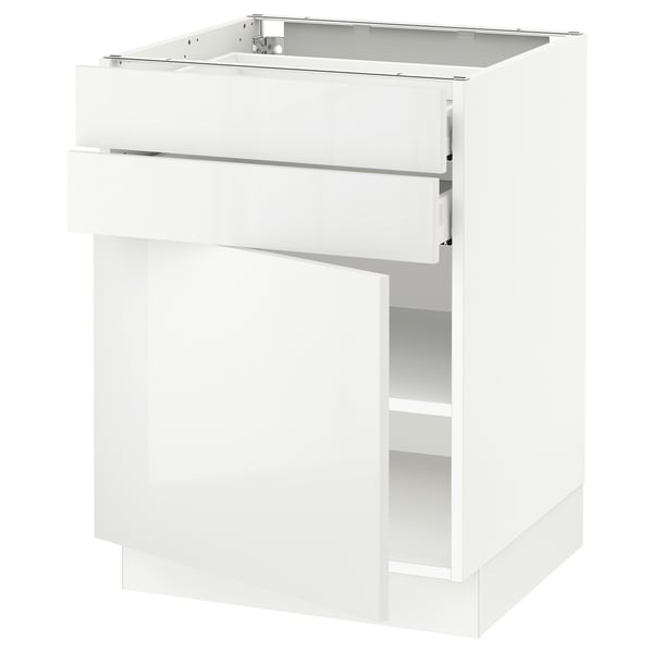 White kitchen cabinet with drawers and open shelf.