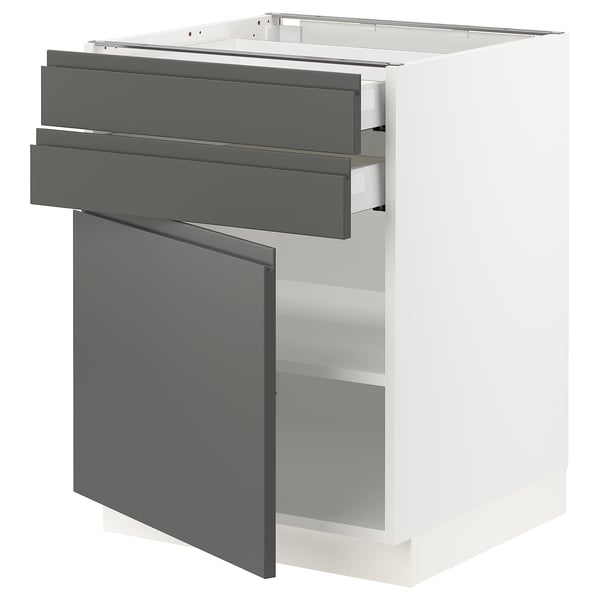 Modern grey and white kitchen cabinet with drawers and doors, featuring integrated handles and adjustable shelves.