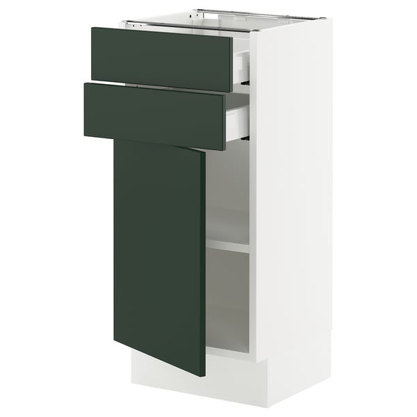 SEKTION kitchen cabinet with green havstorp fronts, white frame, two drawers, and adjustable shelf.
