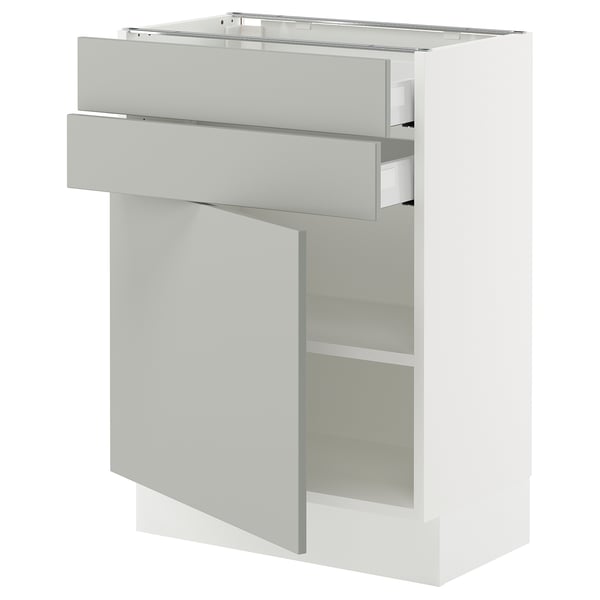 Ikea SEKTION light gray kitchen cabinet, modern design, white, square, with drawers and shelves.