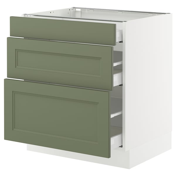 A green-colored, three-drawer kitchen cabinet from the SEKTION series. It has a modern design with smooth-running drawers and a sturdy frame.
