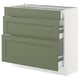 An ikea SEKTION kitchen cabinet in grey-green with three drawers, featuring a modern design with smooth-running drawers.