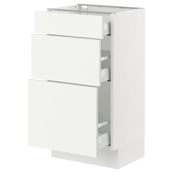 Ikea SEKTION white kitchen cabinet unit with three drawers.