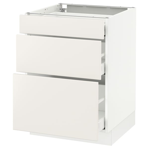 A white SEKTION base kitchen cabinet with three drawers. It has a sleek, modern design with smooth, handleless drawer fronts.