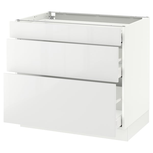 SEKTION white kitchen cabinet, glossy, 3 drawers, rectangular, modern design.