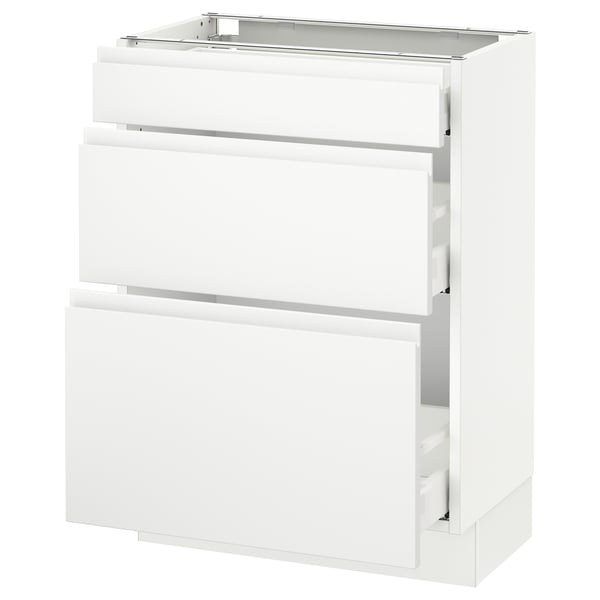 A white SEKTION kitchen cabinet with three drawers and a countertop. The cabinet is minimalist and modern.