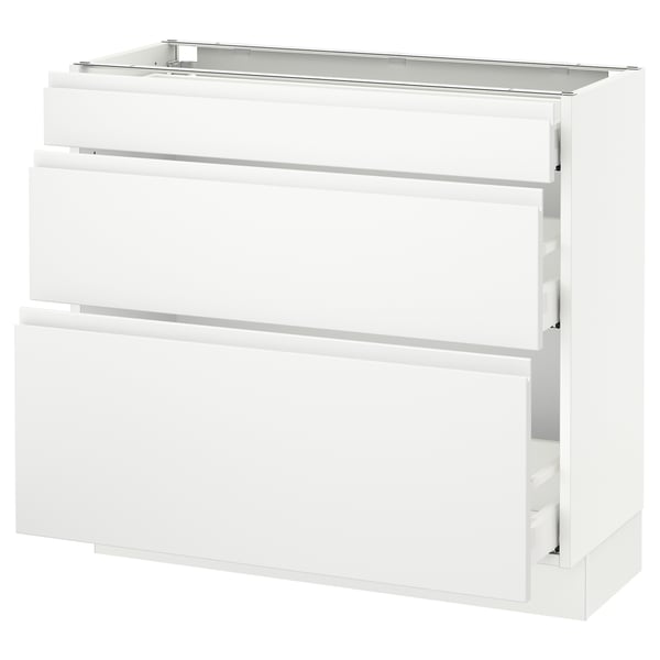 SEKTION kitchen cabinet in white with three drawers and a glass top.