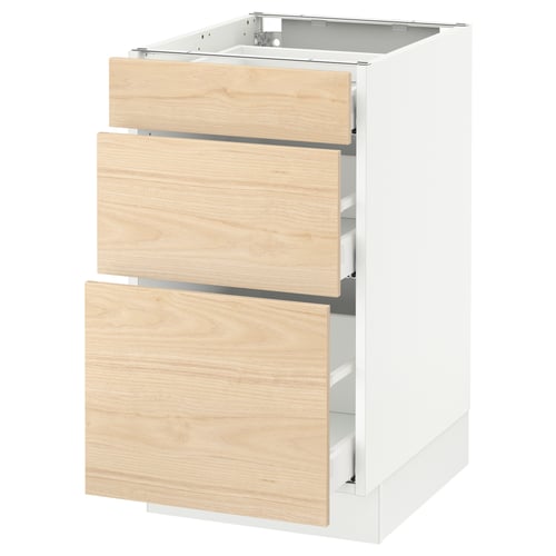 White SEKTION base kitchen cabinet with three light ash wood drawers.