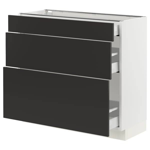 Modern kitchen cabinet set in black, featuring sleek handles and fully retractable drawers.