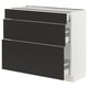 Modern kitchen cabinet set in black, featuring sleek handles and fully retractable drawers.
