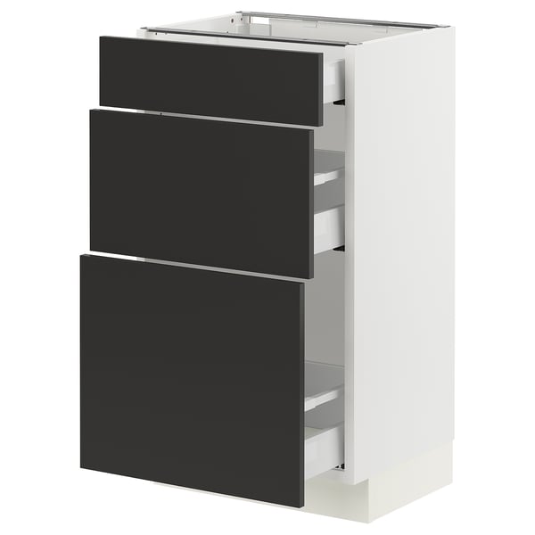 Displays a white SEKTION kitchen cabinet with black drawers. It has a modern design with three drawer fronts, each featuring a sleek, minimalist look.