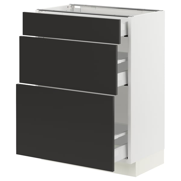 SEKTION kitchen cabinet, white with three black drawers.