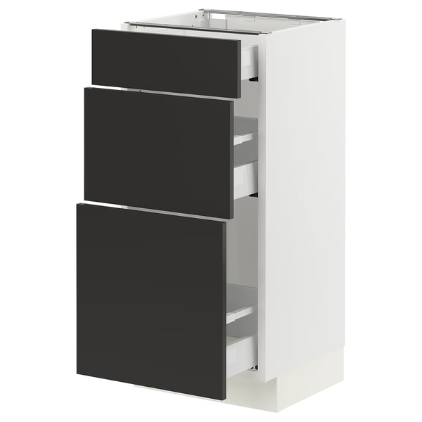 White ikea SEKTION kitchen cabinet with three vertical black drawers, modern and minimalist.