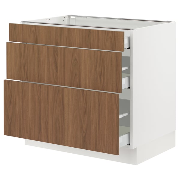 SEKTION kitchen unit in walnut finish, white frame, three drawers, modern design.