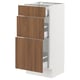 White kitchen cabinet with three walnut drawers, sleek and modern design.