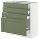An ikea SEKTION kitchen cabinet in grey-green with four drawers and one storage section. Its rectangular and has a modern design.