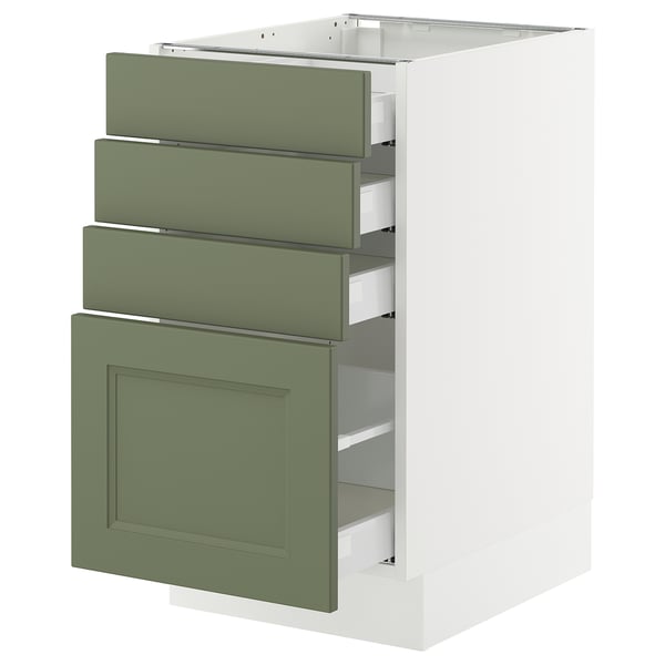SEKTION kitchen cabinet in grey-green with three drawers and one door, modern design, white frame, durable materials.