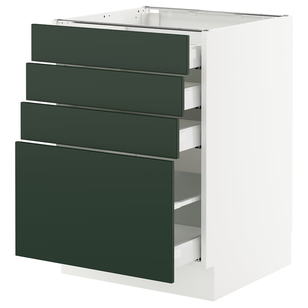 SEKTION kitchen cabinet with 4 green drawers, sleek and modern, durable white frame with smooth-running drawers.