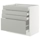 A white modern kitchen cabinet with four grey drawers. It a sleek, rectangular design and smooth drawer fronts.