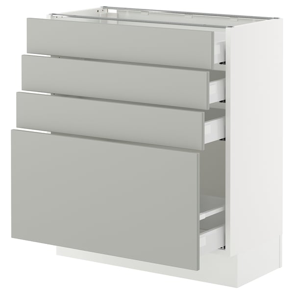 White kitchen cabinet with four grey drawers, modern, clean design, metal and wood construction.