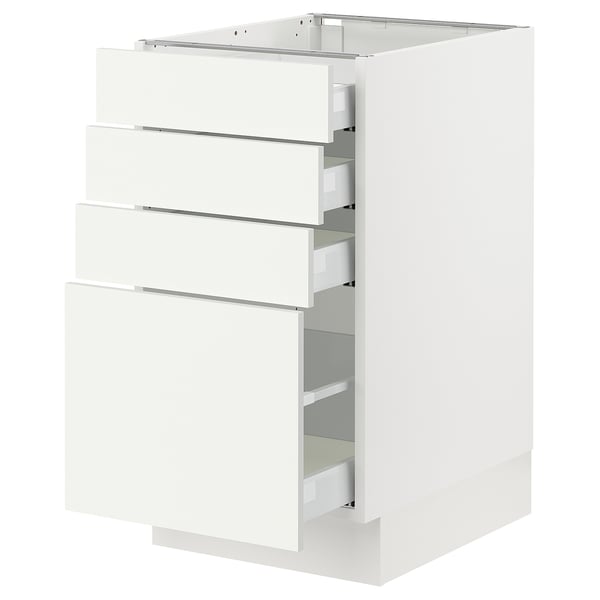 White SEKTION kitchen cabinet with four drawers and one door, sleek modern design.