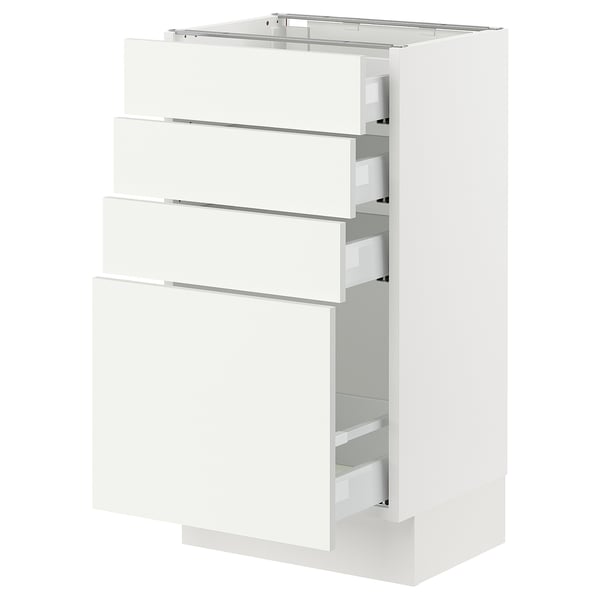 White SEKTION kitchen cabinet with three drawers and one door.