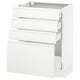 Modern white kitchen unit with four drawers, glossy finish, made of particleboard and melamine foil, in a minimalist design.