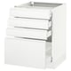 SEKTION white kitchen cabinet, glossy finish, four deep drawers, sleek handle-less design.
