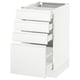 Modern white kitchen cabinet with four integrated handle drawers.
