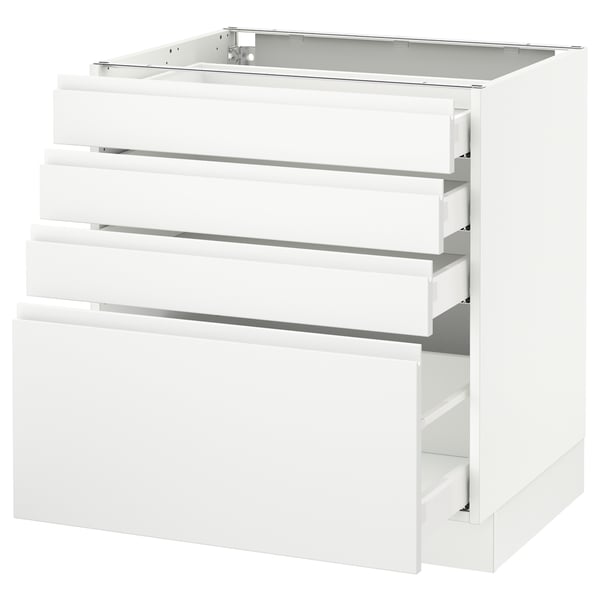 A white SEKTION kitchen cabinet with four drawers and a sleek, modern design.